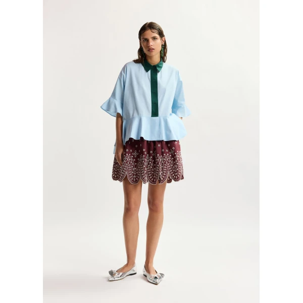 Essentiel Antwerp Light blue cotton peplum shirt with dark green contrast detailing, view 5