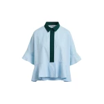 Essentiel Antwerp Light blue cotton peplum shirt with dark green contrast detailing