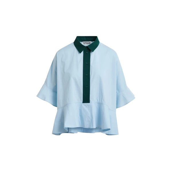 Essentiel Antwerp Light blue cotton peplum shirt with dark green contrast detailing