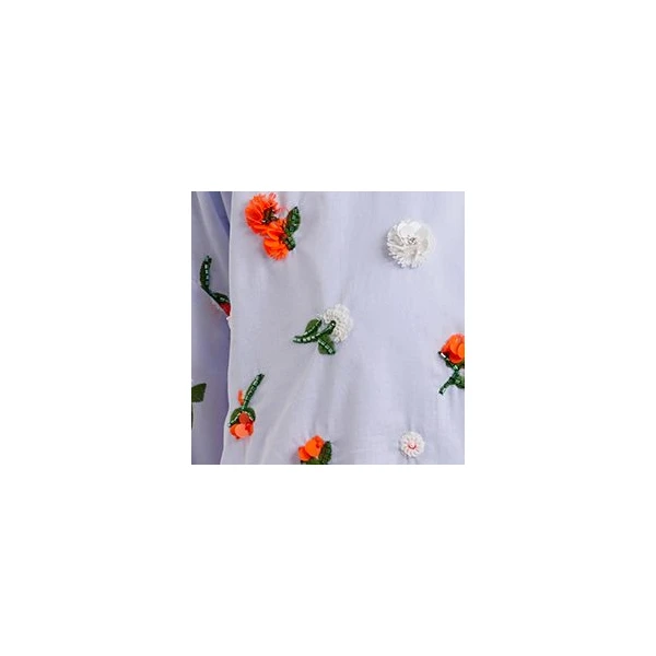 Essentiel Antwerp Light blue cotton shirt with green and orange flower sequin, rhinestone and bead embellishments, view 2