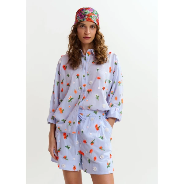 Essentiel Antwerp Light blue cotton shirt with green and orange flower sequin, rhinestone and bead embellishments, view 3