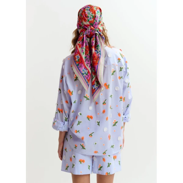 Essentiel Antwerp Light blue cotton shirt with green and orange flower sequin, rhinestone and bead embellishments, view 5