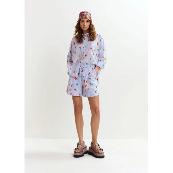 Essentiel Antwerp Light blue cotton shirt with green and orange flower sequin, rhinestone and bead embellishments, view 6