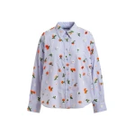 Essentiel Antwerp Light blue cotton shirt with green and orange flower sequin, rhinestone and bead embellishments
