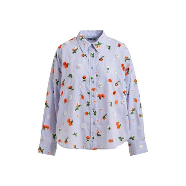 Essentiel Antwerp Light blue cotton shirt with green and orange flower sequin, rhinestone and bead embellishments
