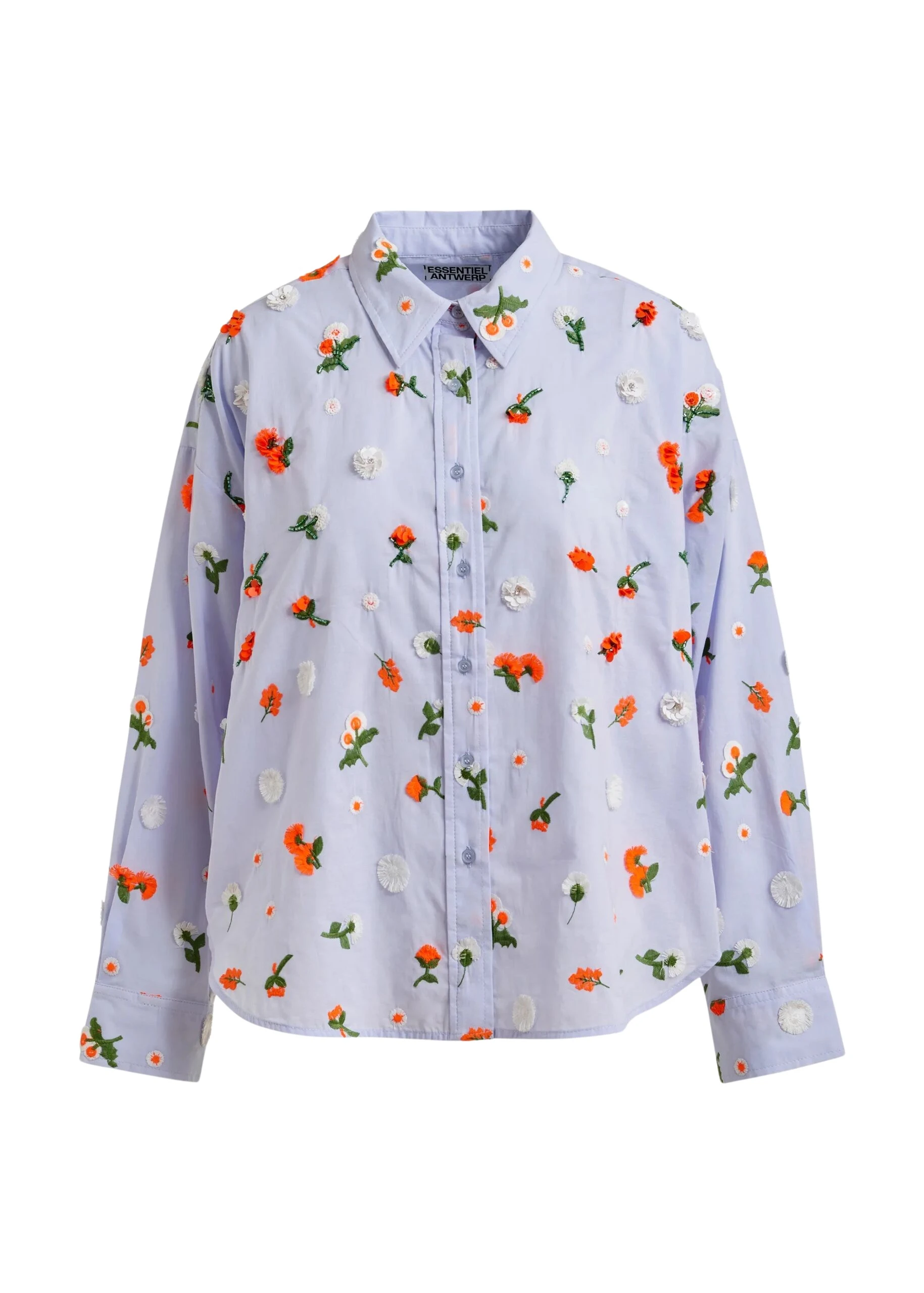 Essentiel-Antwerp-Light-blue-cotton-shirt-with-green-and-orange-flower-sequin-rhinestone-and-bead-embellishments-scaled35270_nobg Essentiel Antwerp Light blue cotton shirt with green and orange flower sequin, rhinestone and bead embellishments