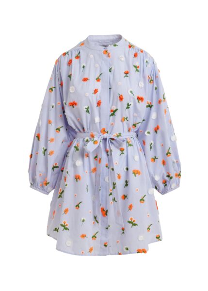 Light blue knee-length dress with mandarin collar and green and orange embellishments