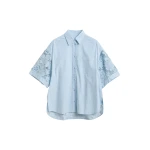 Essentiel Antwerp Light blue oversized cotton short-sleeve shirt with lace inserts