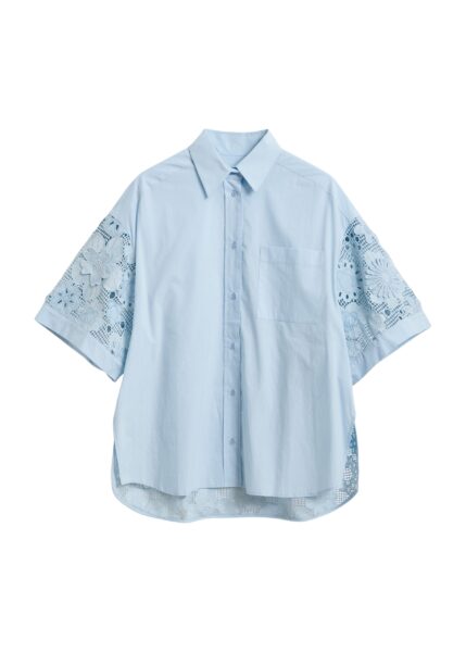 Light blue oversized cotton short-sleeve shirt with lace inserts
