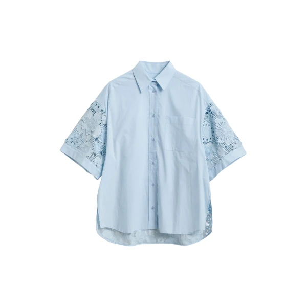 Essentiel Antwerp Light blue oversized cotton short-sleeve shirt with lace inserts