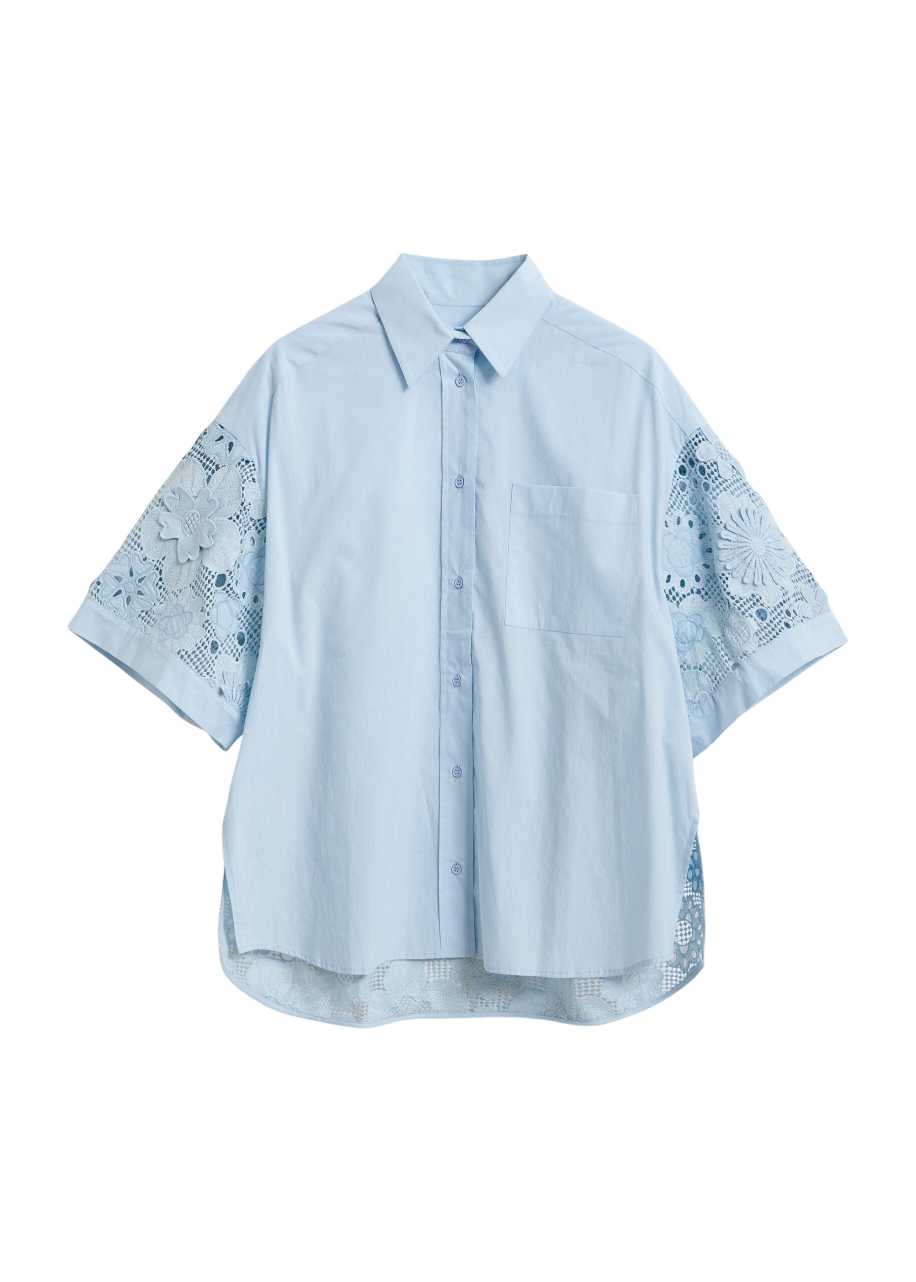 Light blue oversized cotton short-sleeve shirt with lace inserts