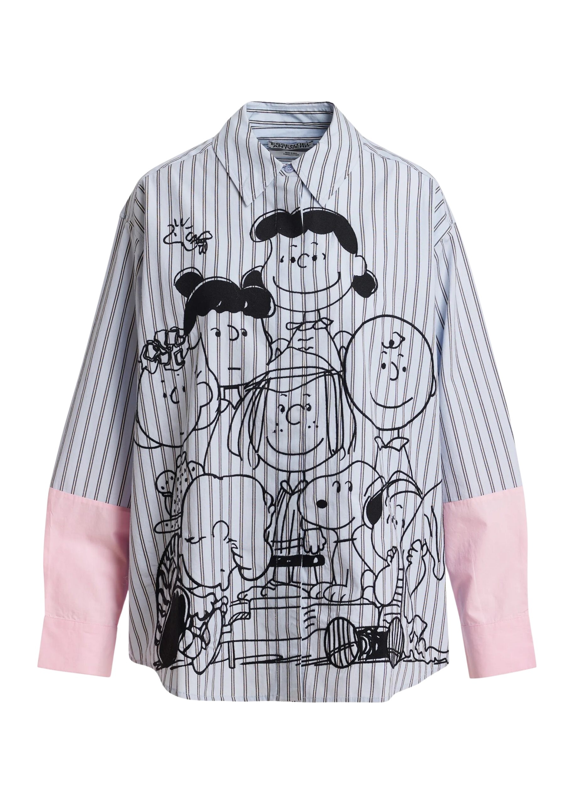 Light blue striped cotton shirt with Peanuts™ embroidery and pink contrast sleeves