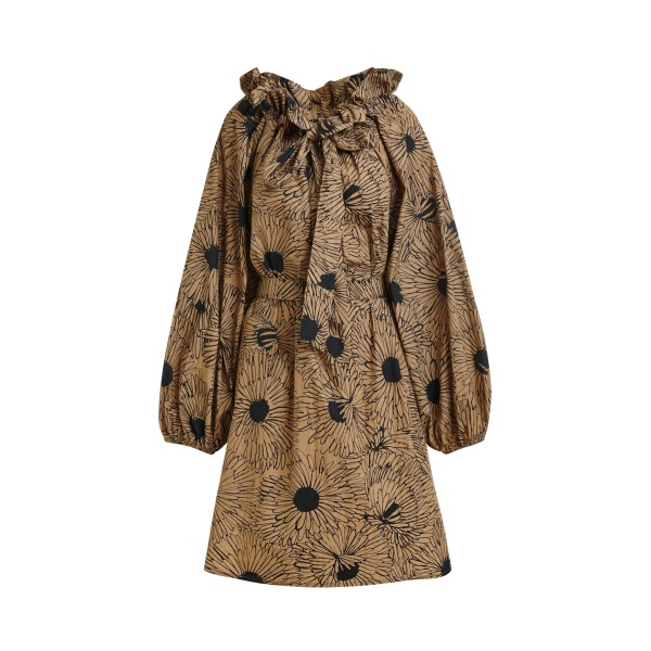 Light brown and black cotton mini dress with voluminous sleeves and adjustable neckline