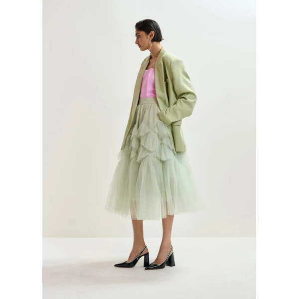 Essentiel Antwerp Light green asymmetrical tiered tulle midi skirt, view 2