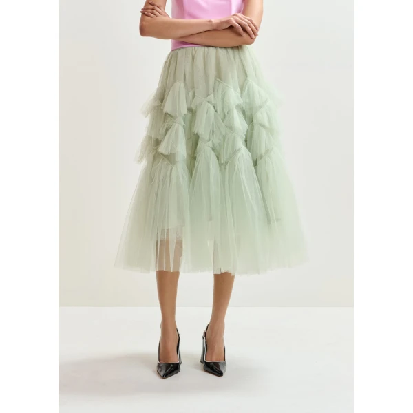 Essentiel Antwerp Light green asymmetrical tiered tulle midi skirt, view 3