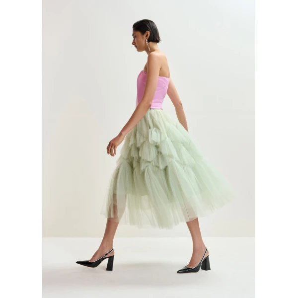 Essentiel Antwerp Light green asymmetrical tiered tulle midi skirt, view 4