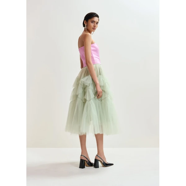 Essentiel Antwerp Light green asymmetrical tiered tulle midi skirt, view 5