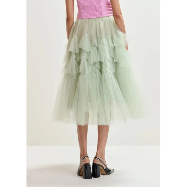 Essentiel Antwerp Light green asymmetrical tiered tulle midi skirt, view 6