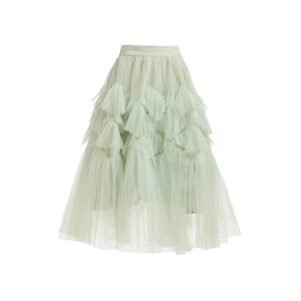 Light green asymmetrical tiered tulle midi skirt