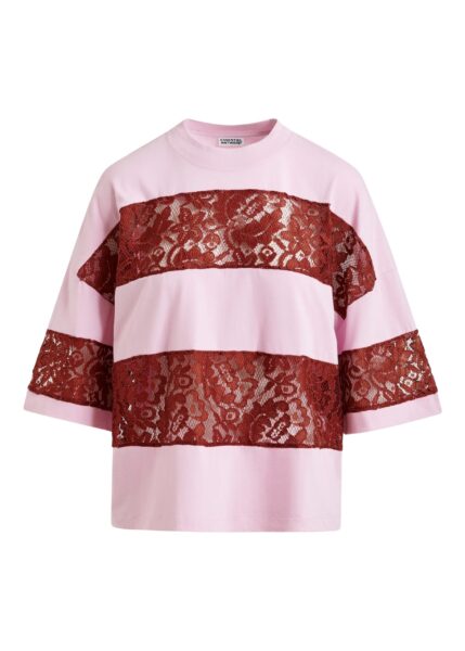 Light pink and bordeaux cotton striped lace insert T-shirt