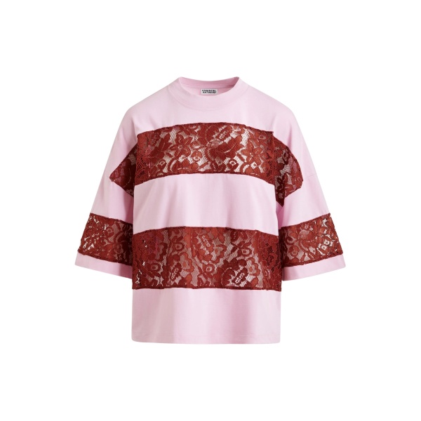 Light pink and bordeaux cotton striped lace insert T-shirt