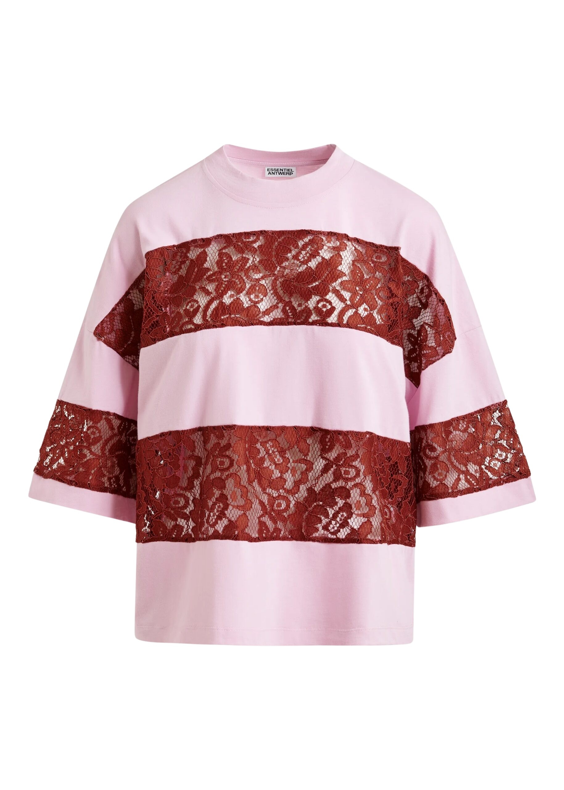 Light pink and bordeaux cotton striped lace insert T-shirt