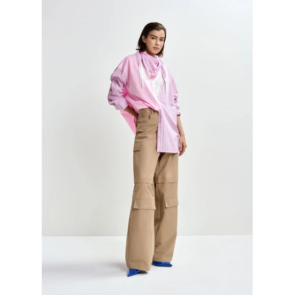 Essentiel Antwerp Light pink and light blue striped panel detail cotton shirt, view 6