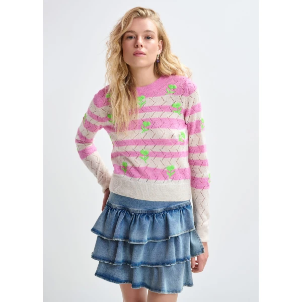 Essentiel Antwerp Light pink and pink striped intarsia-knitted sweater with green flower embroidery, view 2