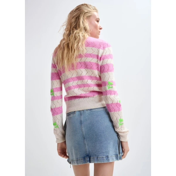Essentiel Antwerp Light pink and pink striped intarsia-knitted sweater with green flower embroidery, view 4