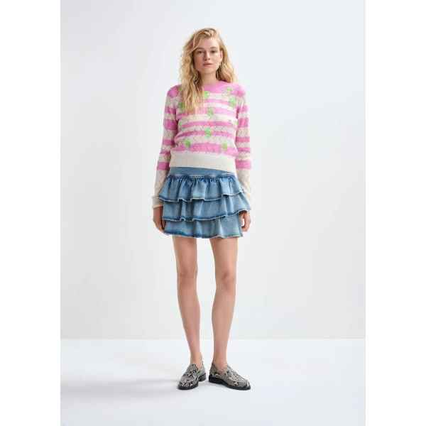 Essentiel Antwerp Light pink and pink striped intarsia-knitted sweater with green flower embroidery, view 5