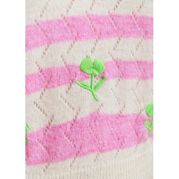 Essentiel Antwerp Light pink and pink striped intarsia-knitted sweater with green flower embroidery, view 6