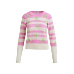 Essentiel Antwerp Light pink and pink striped intarsia-knitted sweater with green flower embroidery