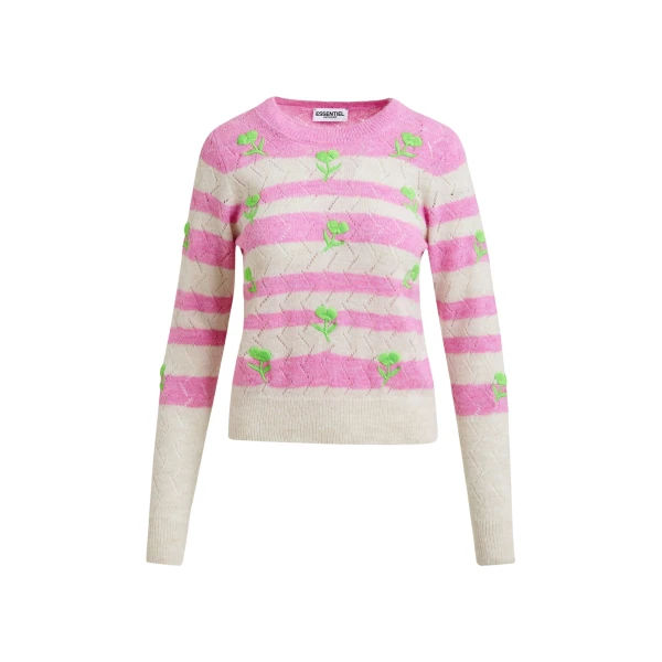 Essentiel Antwerp Light pink and pink striped intarsia-knitted sweater with green flower embroidery