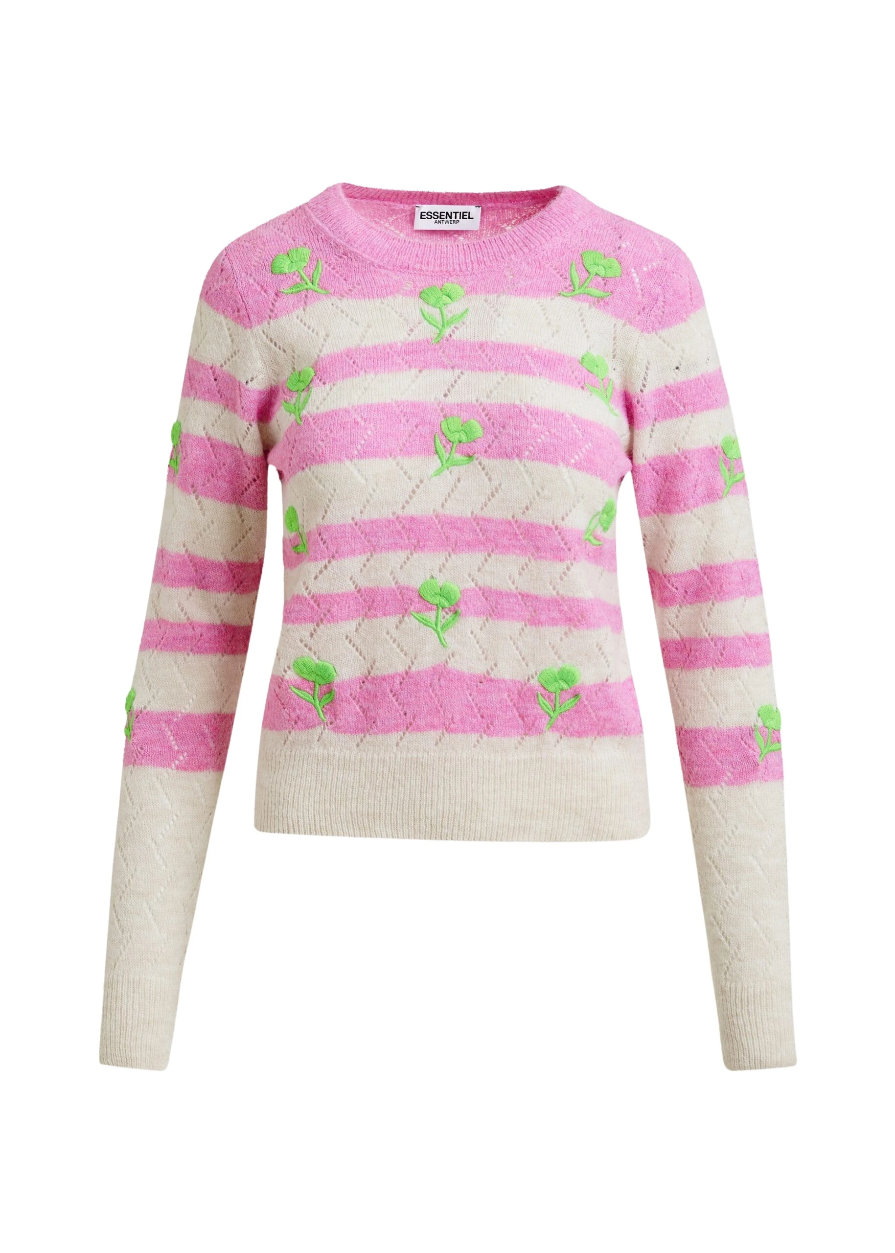 Light pink and pink striped intarsia-knitted sweater with green flower embroidery