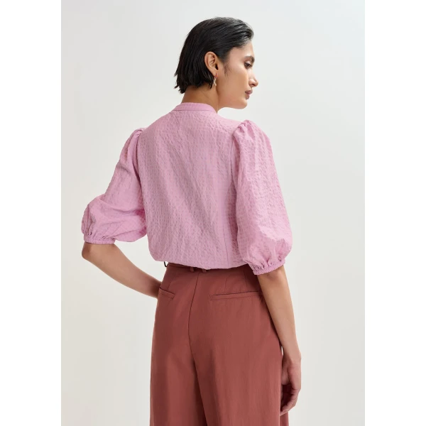 Essentiel Antwerp Light pink and red floral sequin and bead-embellished shirt with voluminous sleeves, view 4