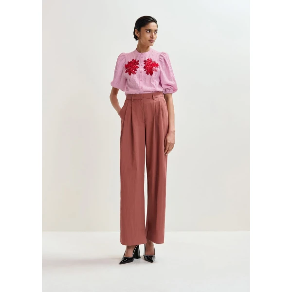 Essentiel Antwerp Light pink and red floral sequin and bead-embellished shirt with voluminous sleeves, view 5