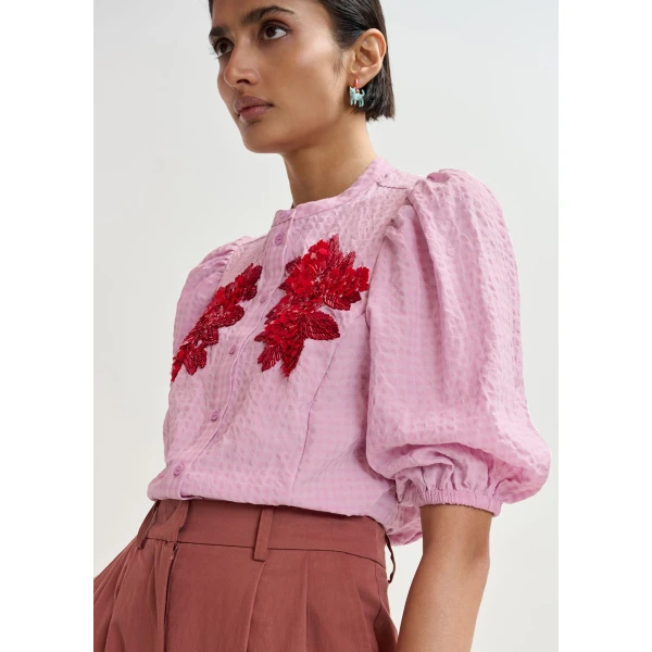 Essentiel Antwerp Light pink and red floral sequin and bead-embellished shirt with voluminous sleeves, view 6