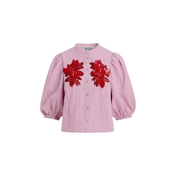 Light pink and red floral sequin and bead-embellished shirt with voluminous sleeves