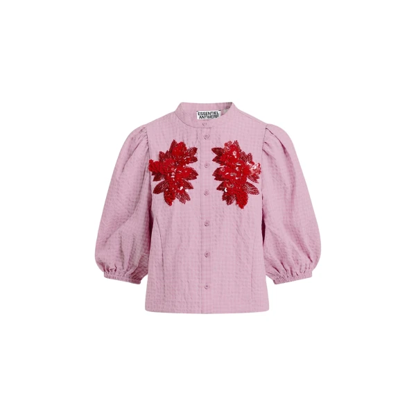 Essentiel Antwerp Light pink and red floral sequin and bead-embellished shirt with voluminous sleeves