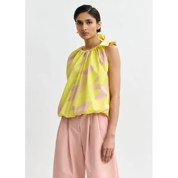 Essentiel Antwerp Light pink and yellow asymmetric top with neck tie ribbon, view 3