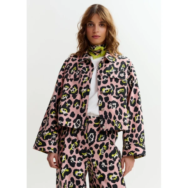 Essentiel Antwerp Light pink, black and yellow leopard-print cropped cotton jacket, view 3