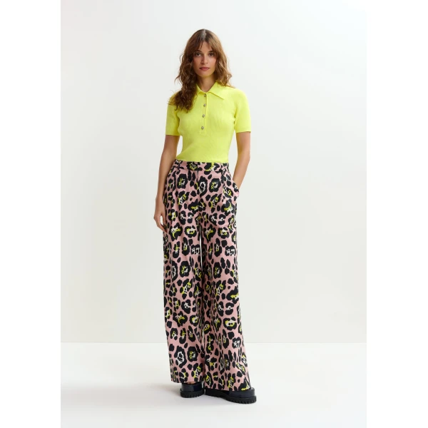 Essentiel Antwerp Light pink, black and yellow leopard-print wide-leg pants, view 3