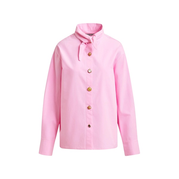 Light pink cotton shirt with elongated collar and mismatched buttons