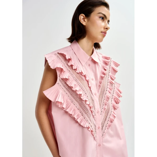 Essentiel Antwerp Light pink embellished sleeveless cotton shirt with ruffle details, view 3