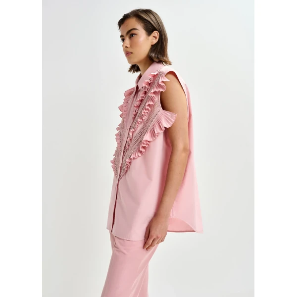 Essentiel Antwerp Light pink embellished sleeveless cotton shirt with ruffle details, view 4