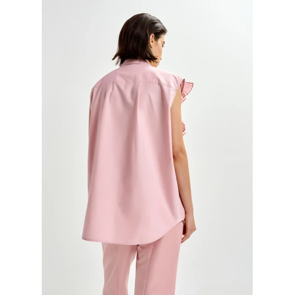 Essentiel Antwerp Light pink embellished sleeveless cotton shirt with ruffle details, view 5