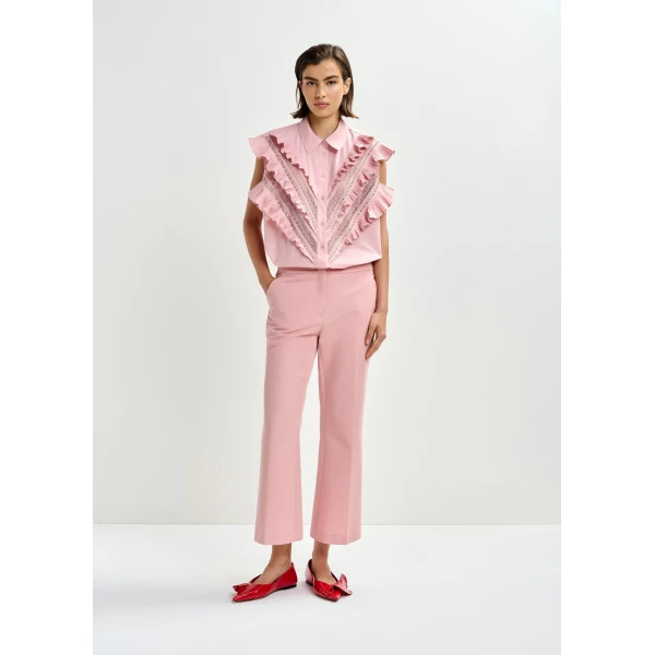 Essentiel Antwerp Light pink embellished sleeveless cotton shirt with ruffle details, view 6
