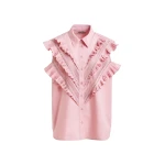 Essentiel Antwerp Light pink embellished sleeveless cotton shirt with ruffle details