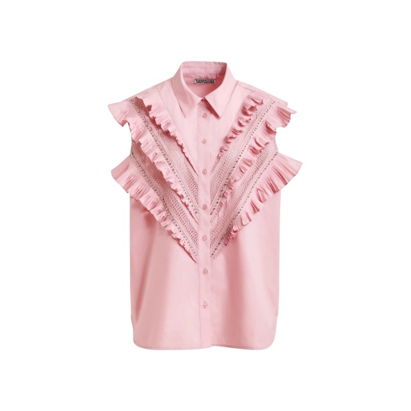 Light pink embellished sleeveless cotton shirt with ruffle details