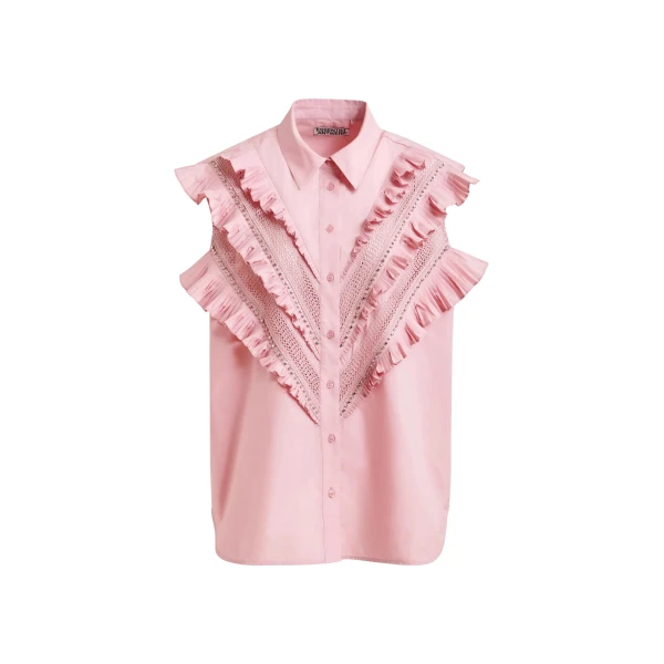 Essentiel Antwerp Light pink embellished sleeveless cotton shirt with ruffle details